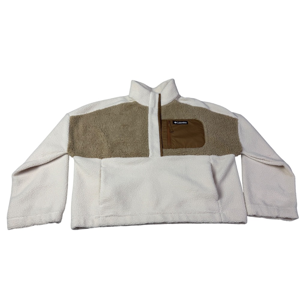 Columbia Sherpa Fleece Pullover XL‎ Cream Tan Colorblock Snap Neck XP3671 Mens